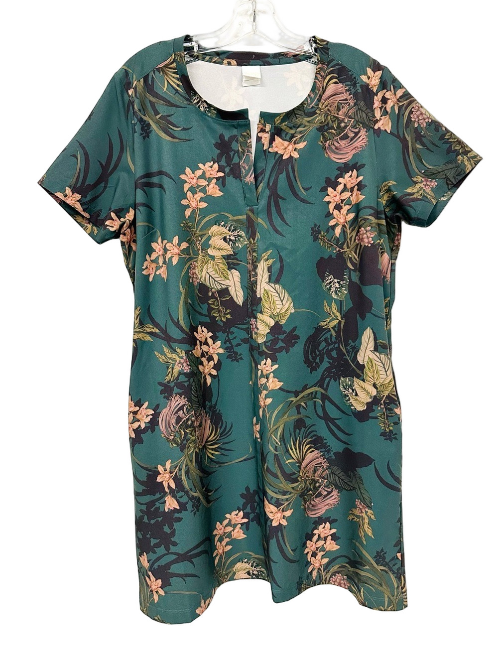 Lole Floral Print Pocket Dress Large Green Short Sleeve Travel Casual